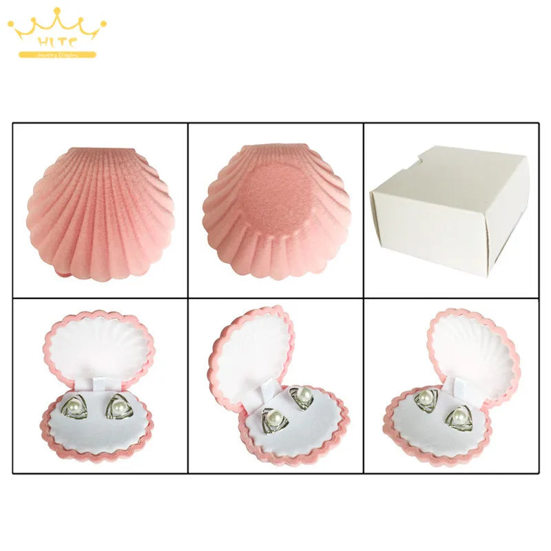 Wholesale 50Pcs/lot Shell Shape Lovely Velvet Wedding Engagement Ring Box for Earrings Necklace Chain Jewelry Display Gift Box