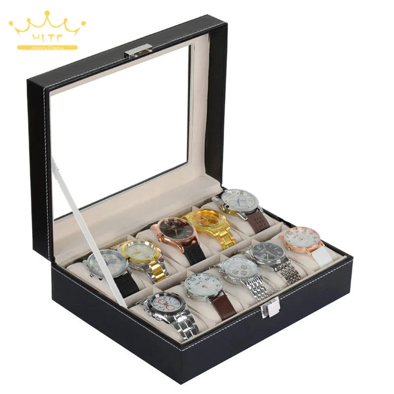 Watch Storage Box Black Leather with Glass Organizer Box for Save 10 Wrist Watches Box Jewelry Display