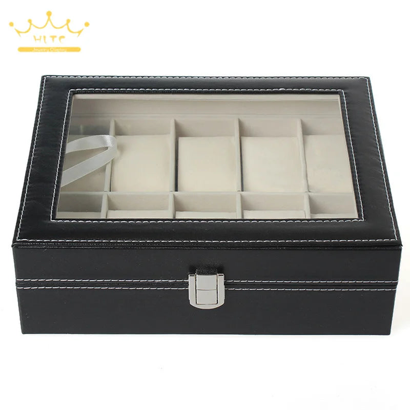 Watch Storage Box Black Leather with Glass Organizer Box for Save 10 Wrist Watches Box Jewelry Display