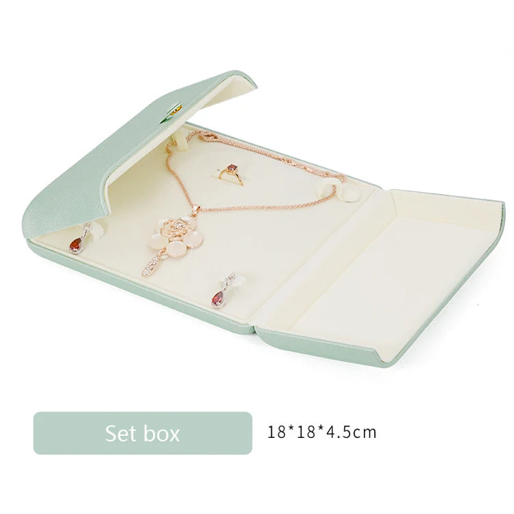Tender Green Reticulated Pu Leather Double Open Jewelry Storage Box Proposal Ring Box Pearl Necklace Collection Box