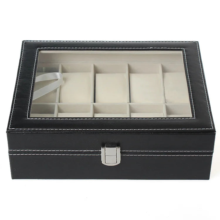 Watch Storage Box Black Leather with Glass Organizer Box for Save 10 Wrist Watches Box Jewelry Display