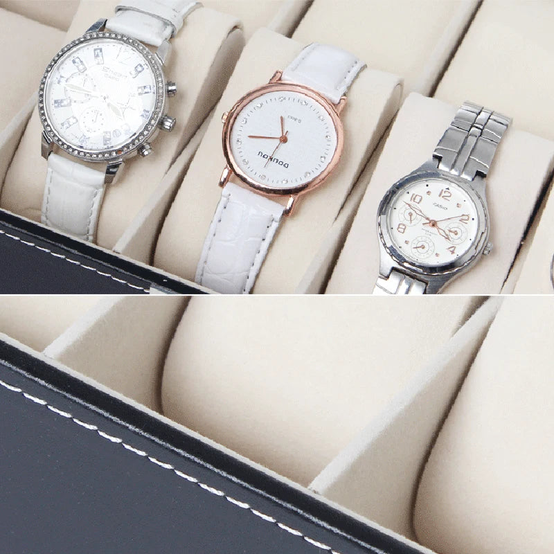 Watch Storage Box Black Leather with Glass Organizer Box for Save 10 Wrist Watches Box Jewelry Display