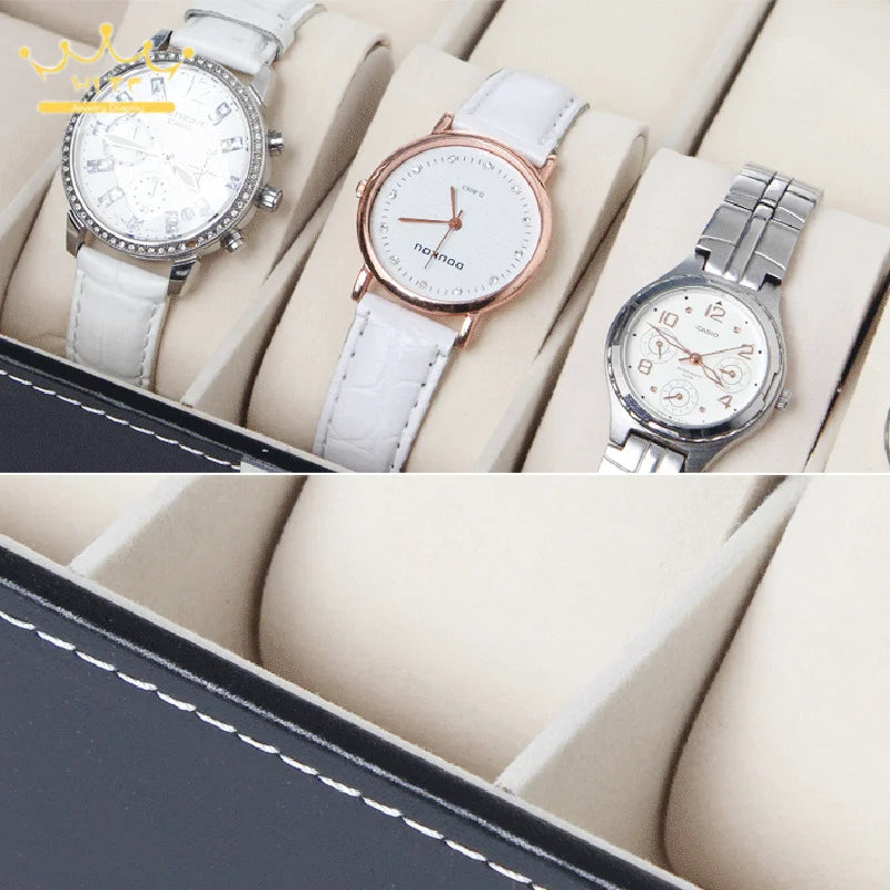 Watch Storage Box Black Leather with Glass Organizer Box for Save 10 Wrist Watches Box Jewelry Display