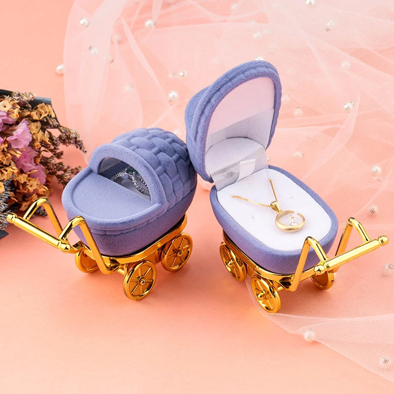 Lovely Baby Carriage Design Necklace Earring Jewelry Packaging Box Velvet Wedding Ring Gift Box Holder Case for Girl Friend