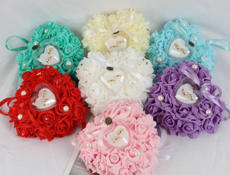 Weeding Couple Rings Holder Sweet Valentine Day Gift Heart Shape Ring Pillow Cushion Simulation Rose Flowers Jewelry Case
