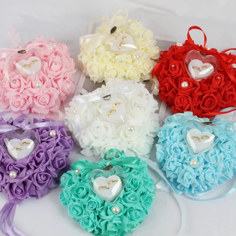 Weeding Couple Rings Holder Sweet Valentine Day Gift Heart Shape Ring Pillow Cushion Simulation Rose Flowers Jewelry Case