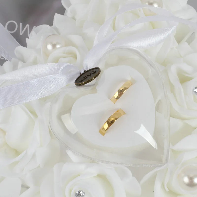Weeding Couple Rings Holder Sweet Valentine Day Gift Heart Shape Ring Pillow Cushion Simulation Rose Flowers Jewelry Case