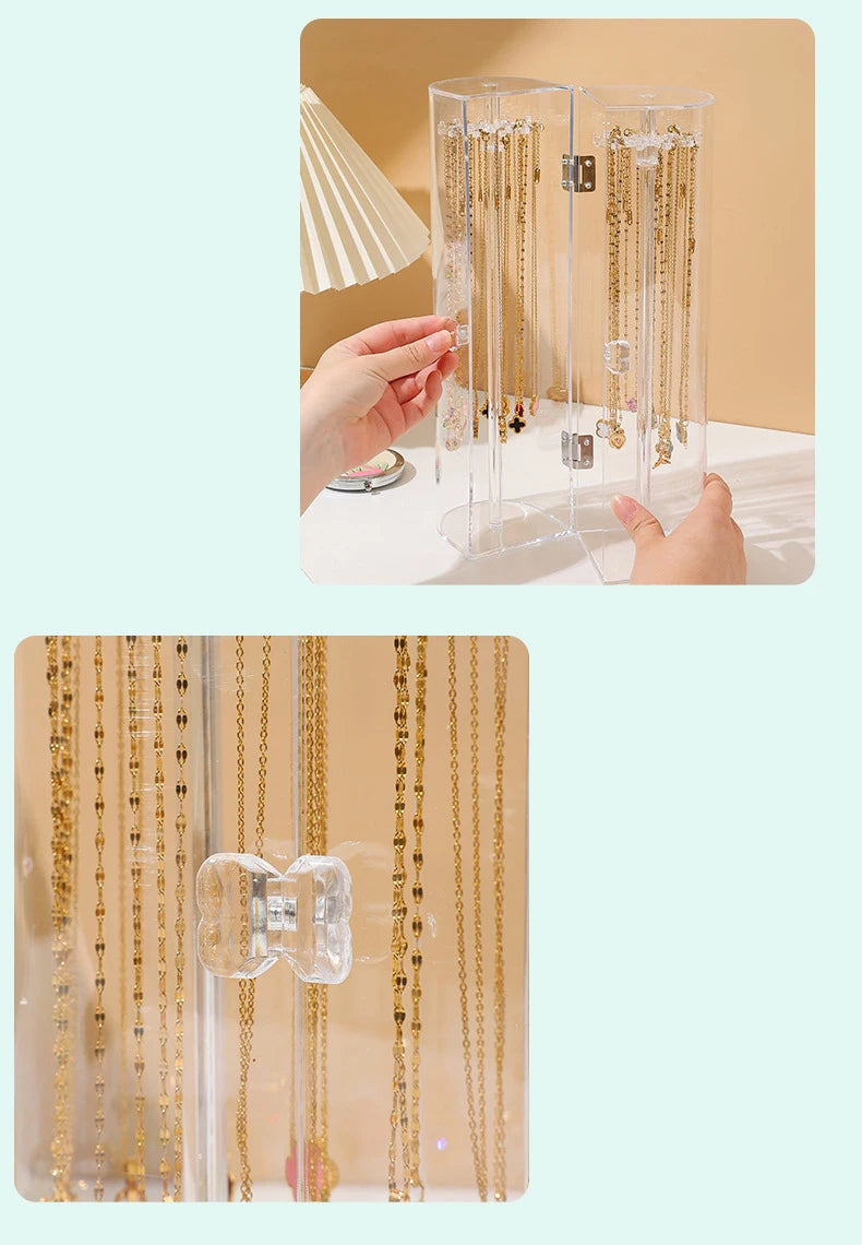 Acrylic Necklace Storage Box with Rotating Hook Bracelet Jewelry Display Rack Personal Ring Hairpin Jewelry Dustproof Box