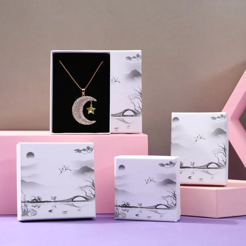 Retro Box for Cardboard Jewelry Earring Bracelet Holder Organizer Landscape Pattern Paper Box Ring Necklace Packaging Case 10Pcs