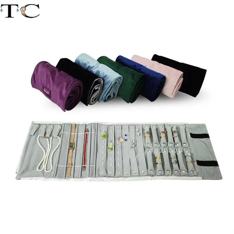 Velvet Jewelry Roll Bag Portable Travel Jewelry Roll Ring Earrings Necklace Pendant Storage Display Bag