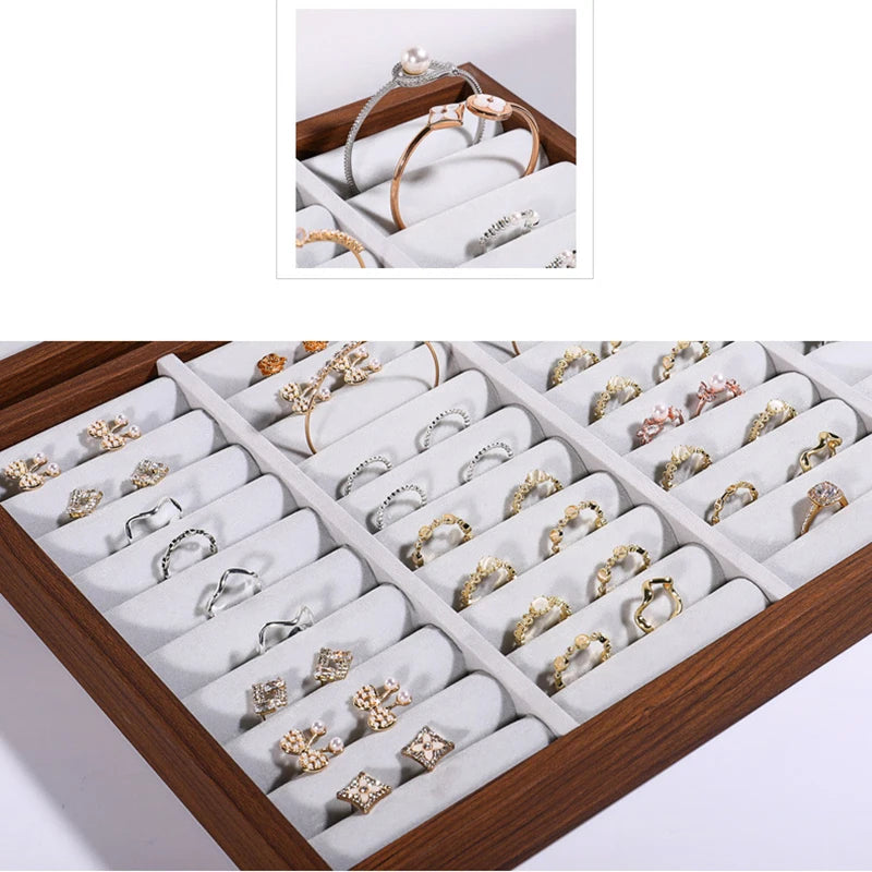 Walnut Grain Jewelry Display Tray Ring Earrings Plate Bracelet Storage Tray Large Capacity Jewelry Holder 35*24Cm