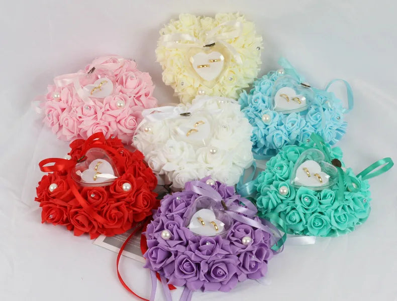 Weeding Couple Rings Holder Sweet Valentine Day Gift Heart Shape Ring Pillow Cushion Simulation Rose Flowers Jewelry Case
