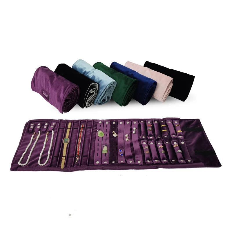 Purple Velvet Lengthening Set Jewelry Roll Bag Pearl Necklace Rings Storage Pouch Watch Bracelet Organizer Jewelry Bags 74*24Cm