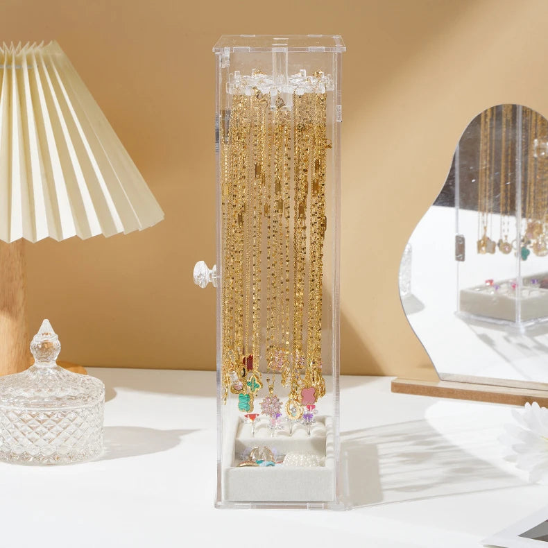 Acrylic Necklace Storage Box with Rotating Hook Bracelet Jewelry Display Rack Personal Ring Hairpin Jewelry Dustproof Box