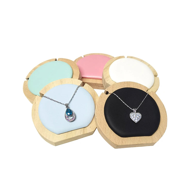 Round Delicate Wooden Pu Leather Display Stand Fashion Necklace Pendant Jewelry Organizer Holder