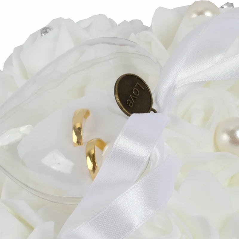 Weeding Couple Rings Holder Sweet Valentine Day Gift Heart Shape Ring Pillow Cushion Simulation Rose Flowers Jewelry Case