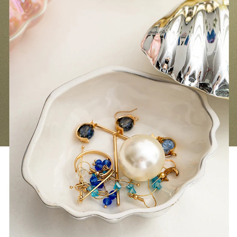 Pink Ceramic Shell Shaped Jewelry Storage Box Pearl Glaze Earring Necklace Holder Ladies' Dressing Table Hairpin Lipstick Box