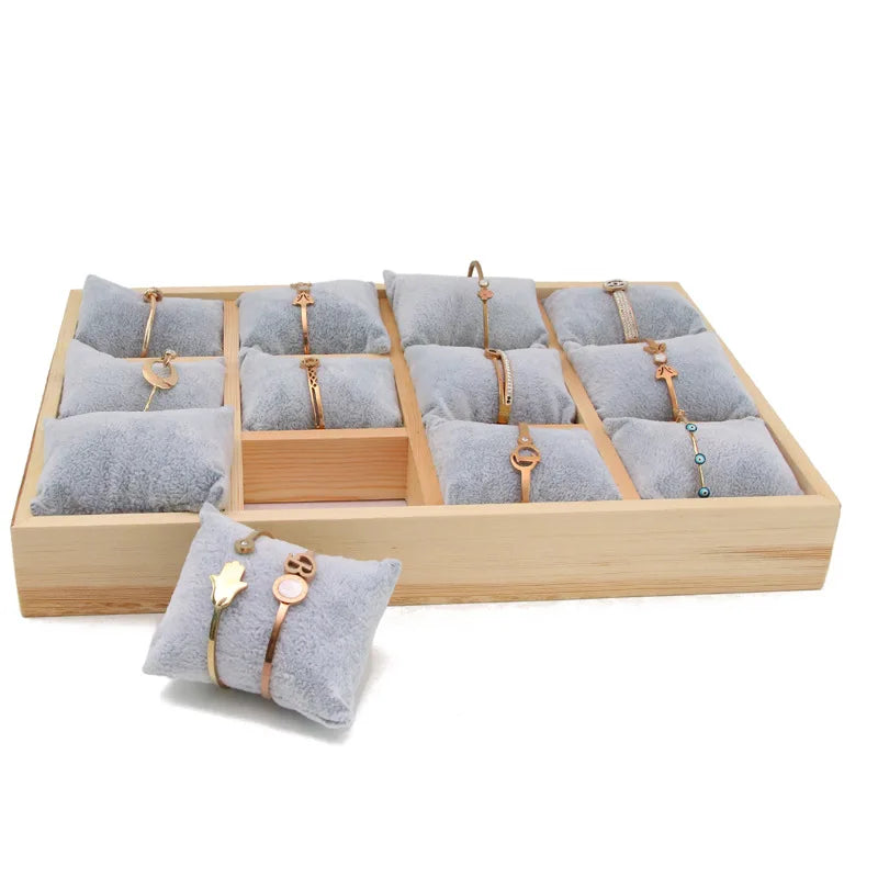 Watch Display Tray with Gray Velvet Pillows 12 Girds Bracelet Watch Hairpin Holder Rack for Jewelry Display Props Plate 35*24Cm