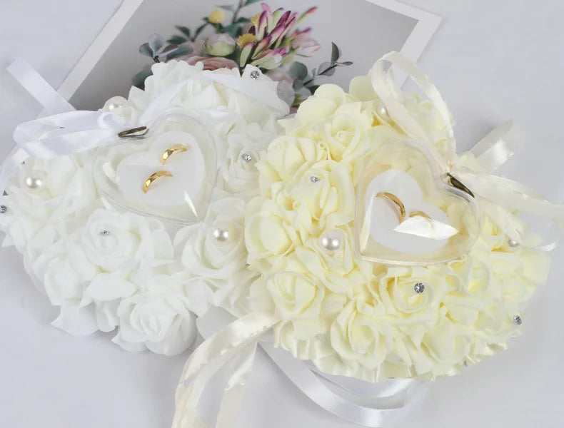 Weeding Couple Rings Holder Sweet Valentine Day Gift Heart Shape Ring Pillow Cushion Simulation Rose Flowers Jewelry Case