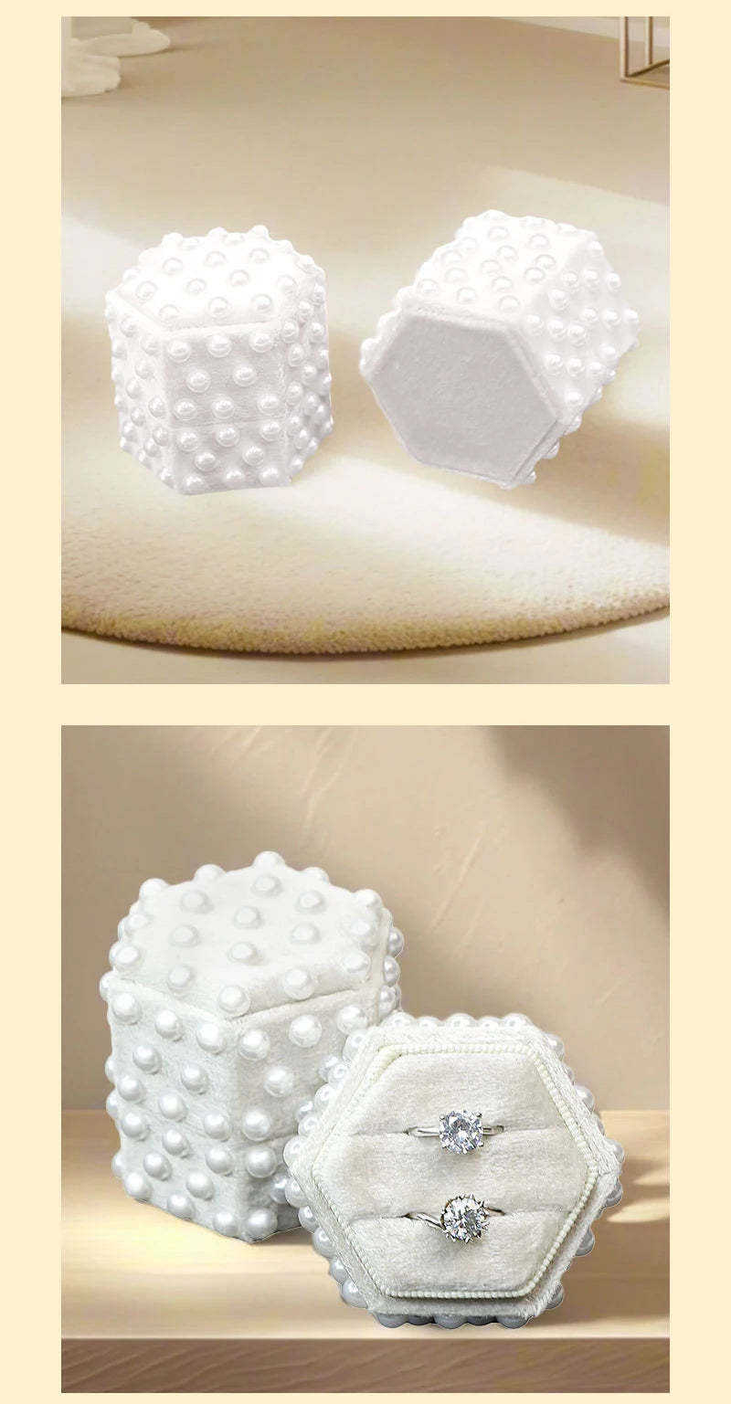 High End Velvet Jewelry Box with Pearl Hexagonal Ring Box Jewelry Packaging Propose Wedding Double Ring Box