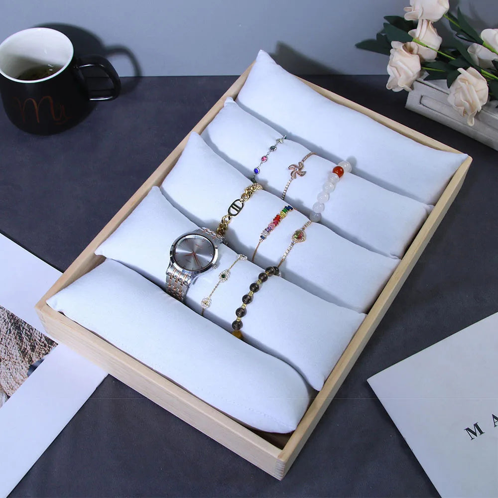 Watch Bracelet Display Tray Jade Bangle Storage Organizers Wood Tray with 5 Pillows Jewelry Wrist Watch Holder 35*24Cm