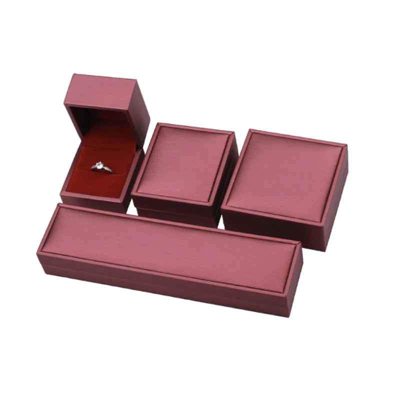 Red Brushed Leather Jewelry Display Case Ring Earrings Necklace Pendant Bracelet Storage Case