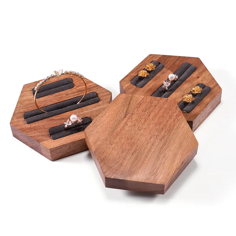 Walnut Hexagonal Ring Display Rack Jewelry Counter Earrings Display Tray Versatile Ring Bangle Organizer Jewelry Tray