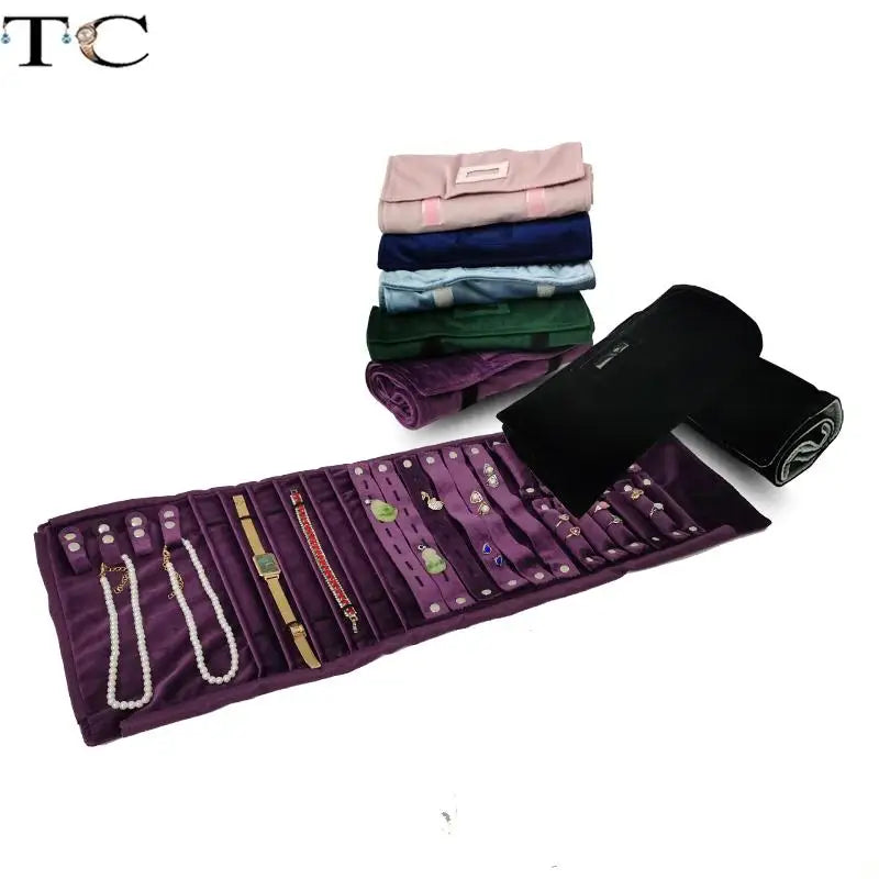 Velvet Jewelry Roll Bag Portable Travel Jewelry Roll Ring Earrings Necklace Pendant Storage Display Bag