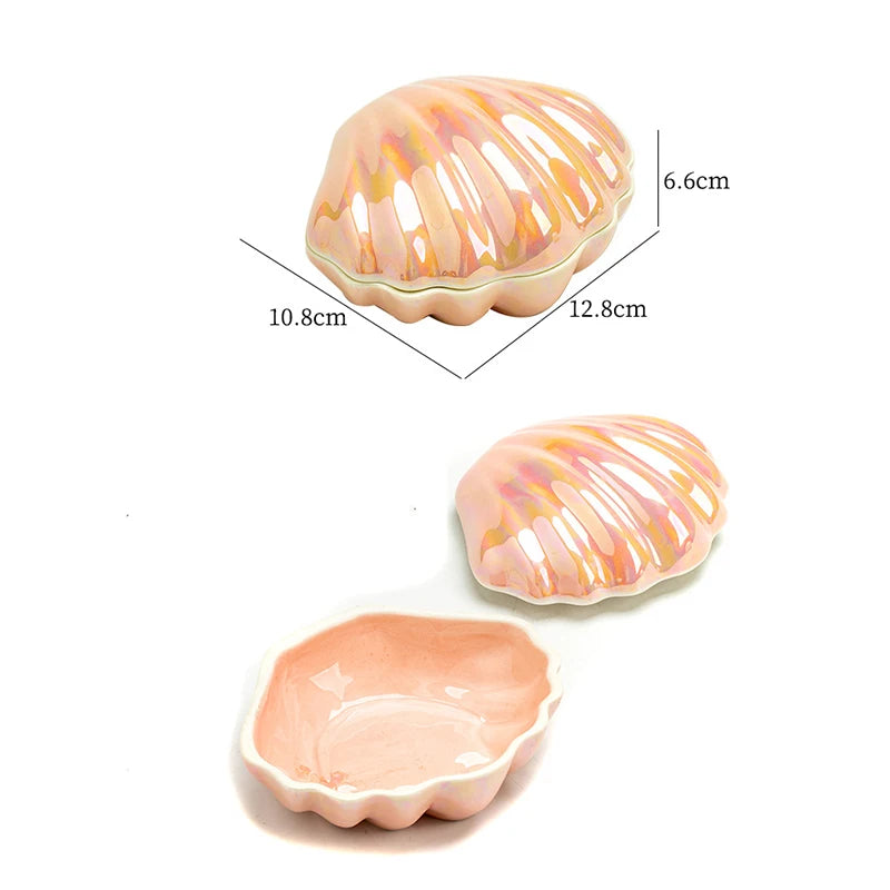 Pink Ceramic Shell Shaped Jewelry Storage Box Pearl Glaze Earring Necklace Holder Ladies' Dressing Table Hairpin Lipstick Box