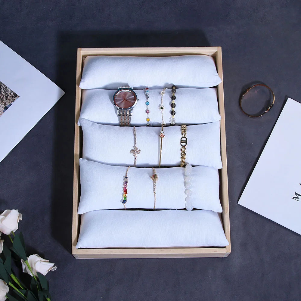 Watch Bracelet Display Tray Jade Bangle Storage Organizers Wood Tray with 5 Pillows Jewelry Wrist Watch Holder 35*24Cm