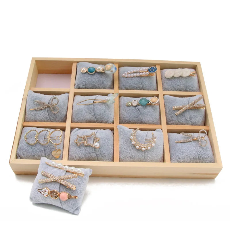 Watch Display Tray with Gray Velvet Pillows 12 Girds Bracelet Watch Hairpin Holder Rack for Jewelry Display Props Plate 35*24Cm