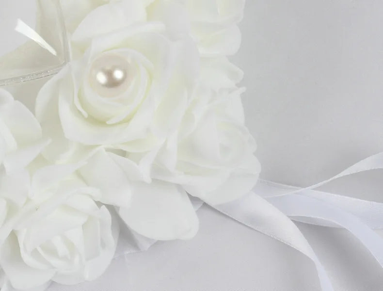 Weeding Couple Rings Holder Sweet Valentine Day Gift Heart Shape Ring Pillow Cushion Simulation Rose Flowers Jewelry Case