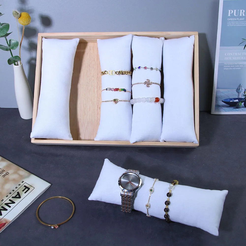 Watch Bracelet Display Tray Jade Bangle Storage Organizers Wood Tray with 5 Pillows Jewelry Wrist Watch Holder 35*24Cm