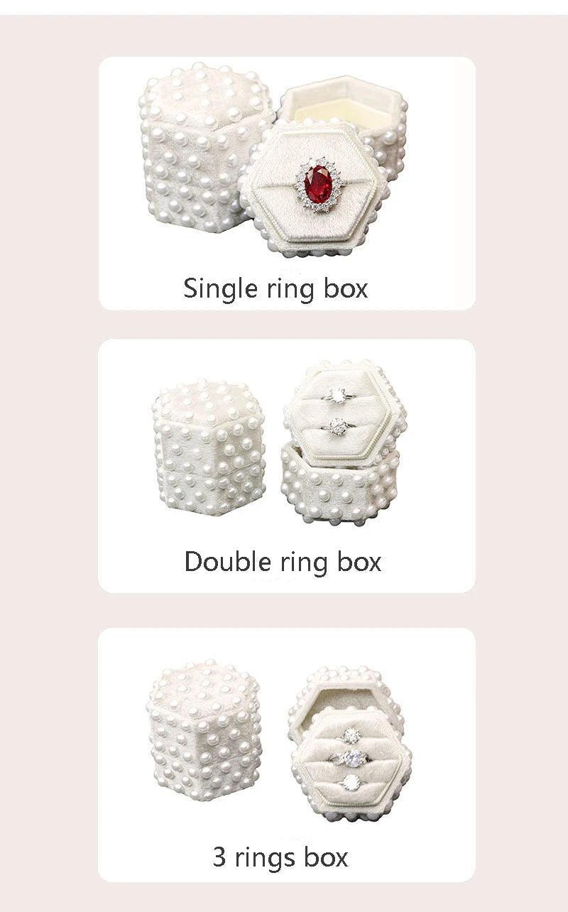 High End Velvet Jewelry Box with Pearl Hexagonal Ring Box Jewelry Packaging Propose Wedding Double Ring Box