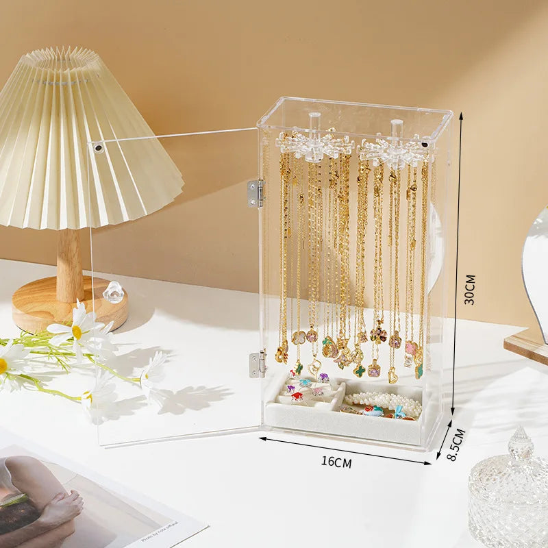 Acrylic Necklace Storage Box with Rotating Hook Bracelet Jewelry Display Rack Personal Ring Hairpin Jewelry Dustproof Box