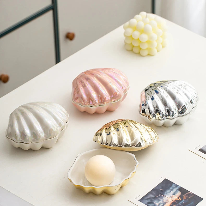 Pink Ceramic Shell Shaped Jewelry Storage Box Pearl Glaze Earring Necklace Holder Ladies' Dressing Table Hairpin Lipstick Box