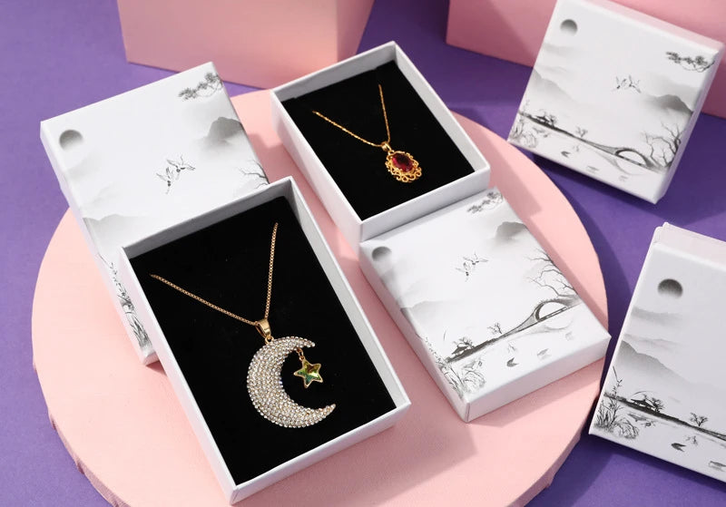 Retro Box for Cardboard Jewelry Earring Bracelet Holder Organizer Landscape Pattern Paper Box Ring Necklace Packaging Case 10Pcs