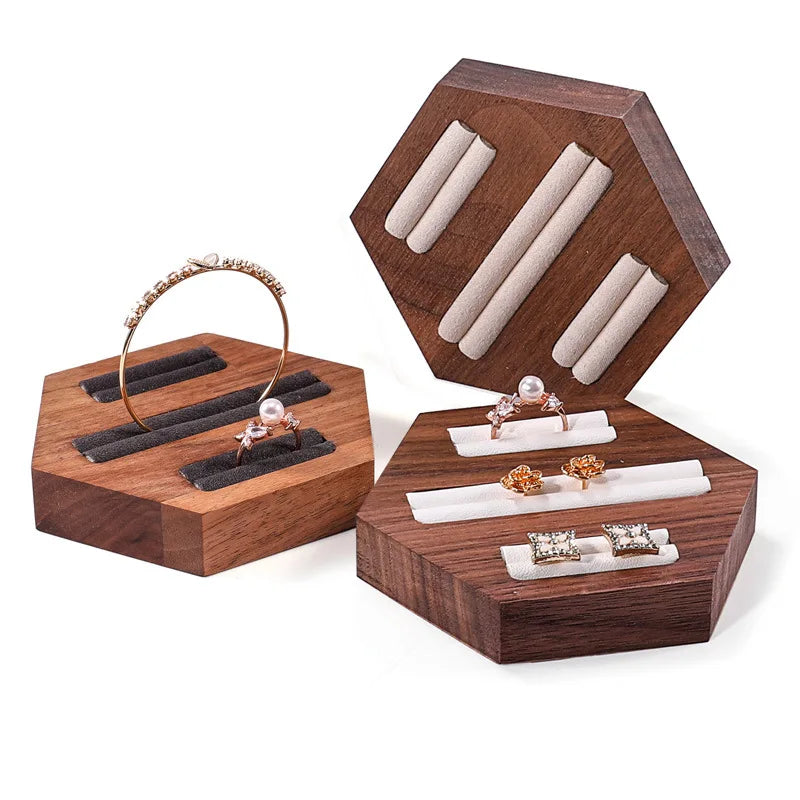 Walnut Hexagonal Ring Display Rack Jewelry Counter Earrings Display Tray Versatile Ring Bangle Organizer Jewelry Tray