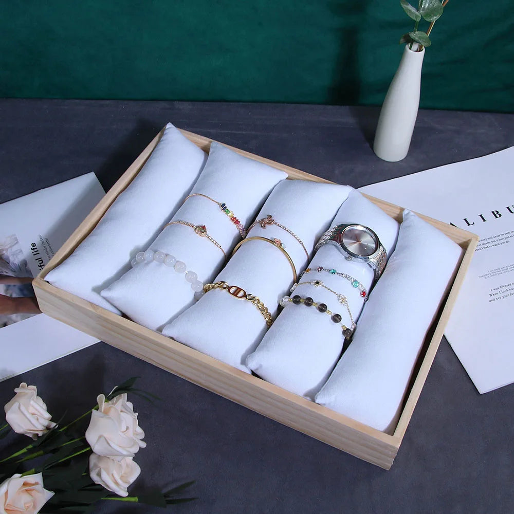 Watch Bracelet Display Tray Jade Bangle Storage Organizers Wood Tray with 5 Pillows Jewelry Wrist Watch Holder 35*24Cm