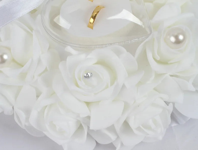 Weeding Couple Rings Holder Sweet Valentine Day Gift Heart Shape Ring Pillow Cushion Simulation Rose Flowers Jewelry Case