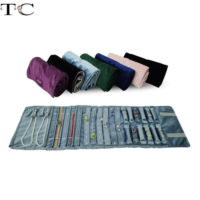 Velvet Jewelry Roll Bag Portable Travel Jewelry Roll Ring Earrings Necklace Pendant Storage Display Bag