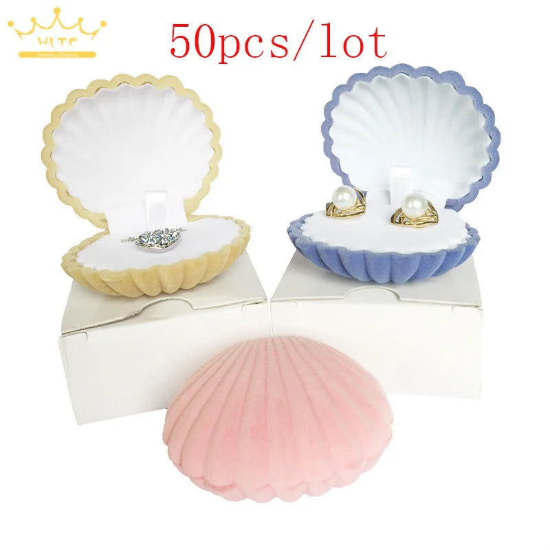 Wholesale 50Pcs/lot Shell Shape Lovely Velvet Wedding Engagement Ring Box for Earrings Necklace Chain Jewelry Display Gift Box