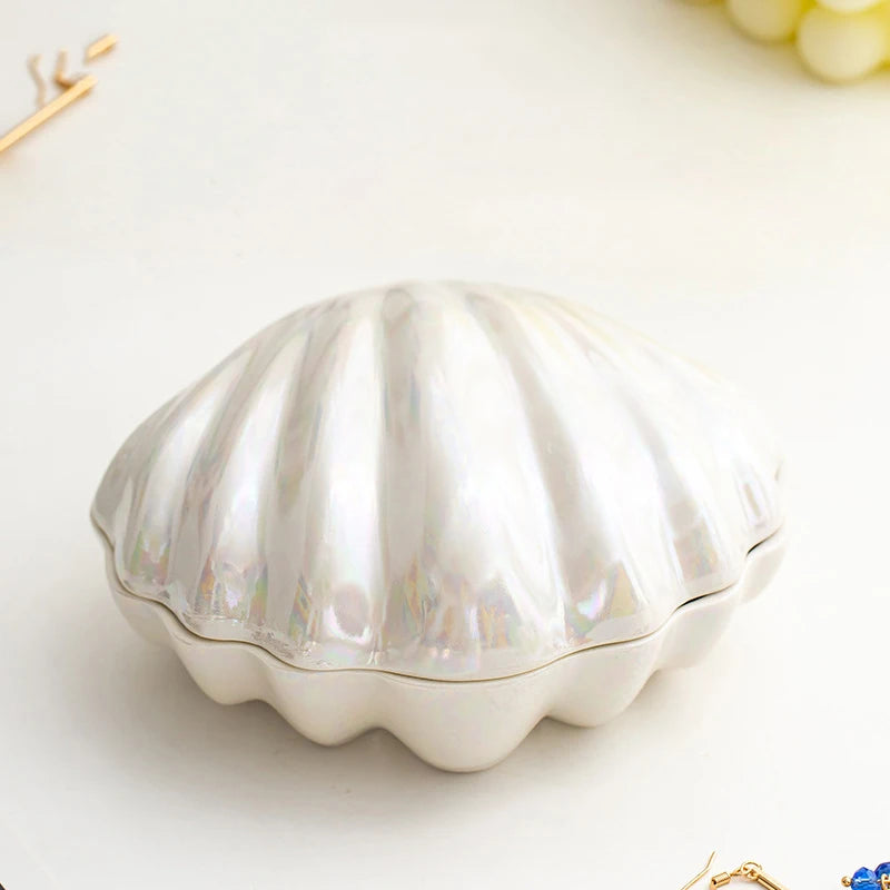Pink Ceramic Shell Shaped Jewelry Storage Box Pearl Glaze Earring Necklace Holder Ladies' Dressing Table Hairpin Lipstick Box