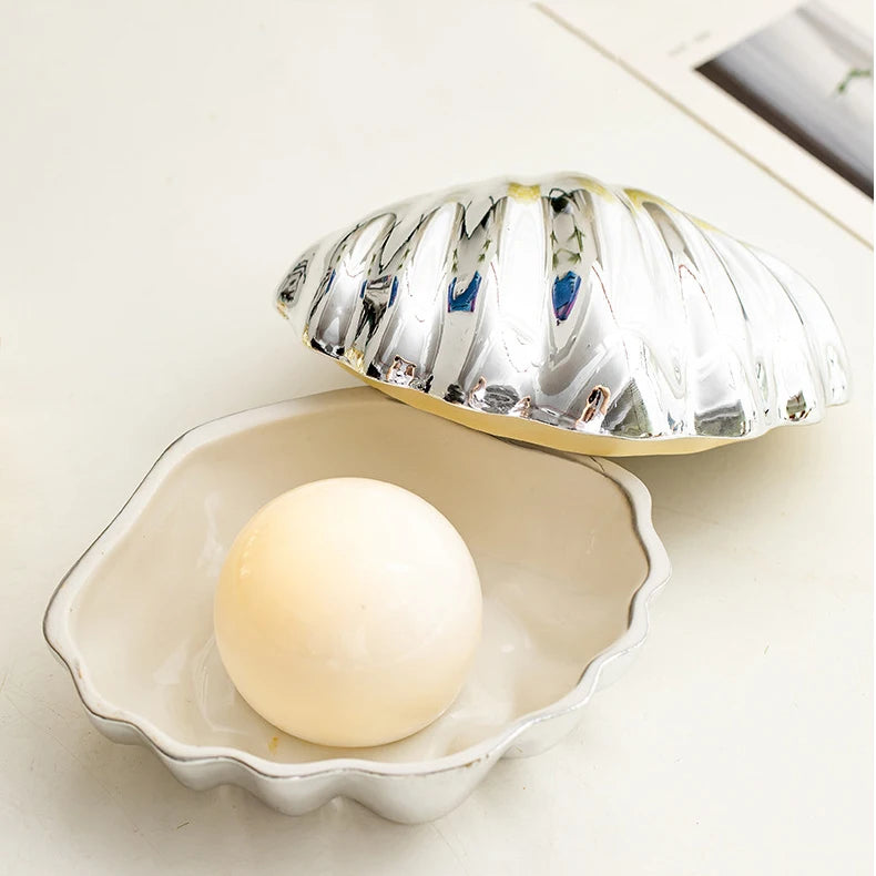 Pink Ceramic Shell Shaped Jewelry Storage Box Pearl Glaze Earring Necklace Holder Ladies' Dressing Table Hairpin Lipstick Box