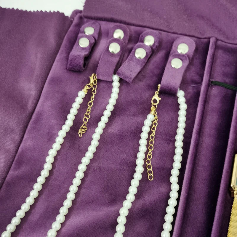 Purple Velvet Lengthening Set Jewelry Roll Bag Pearl Necklace Rings Storage Pouch Watch Bracelet Organizer Jewelry Bags 74*24Cm