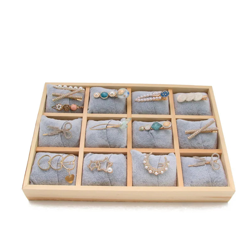 Watch Display Tray with Gray Velvet Pillows 12 Girds Bracelet Watch Hairpin Holder Rack for Jewelry Display Props Plate 35*24Cm
