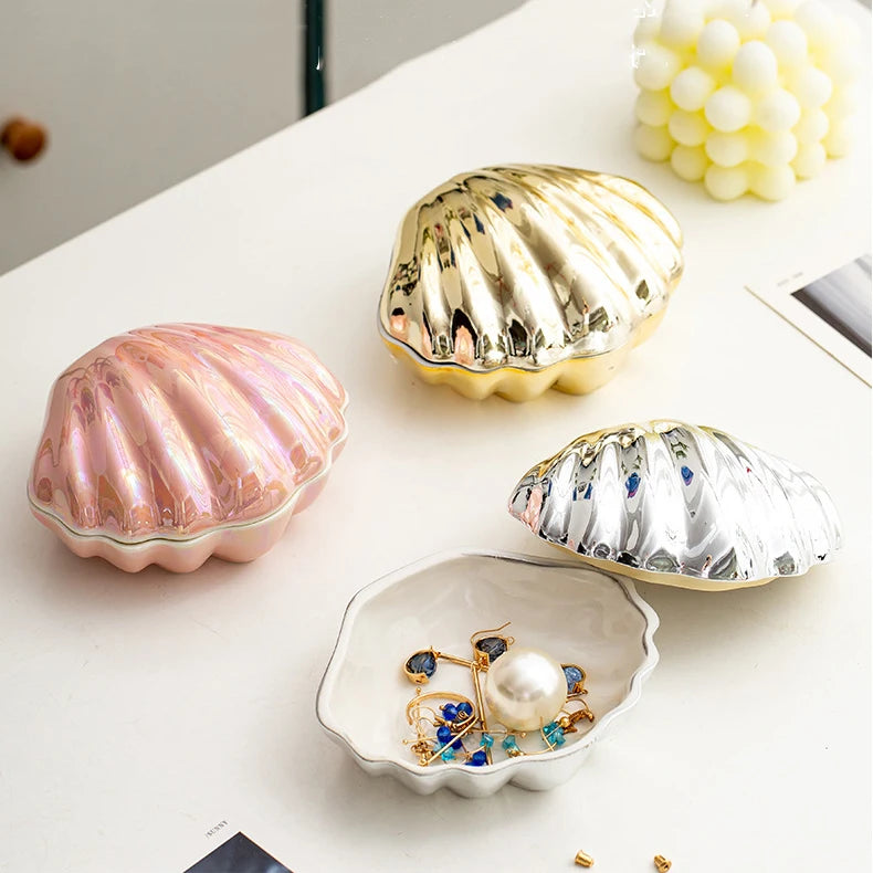 Pink Ceramic Shell Shaped Jewelry Storage Box Pearl Glaze Earring Necklace Holder Ladies' Dressing Table Hairpin Lipstick Box
