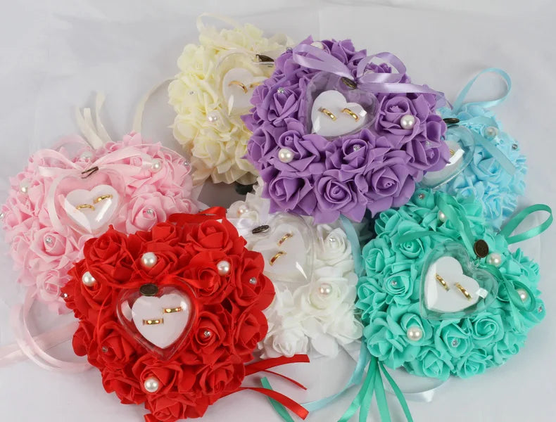 Weeding Couple Rings Holder Sweet Valentine Day Gift Heart Shape Ring Pillow Cushion Simulation Rose Flowers Jewelry Case