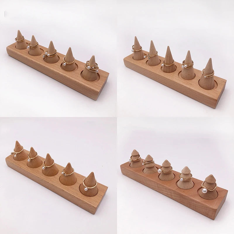 Solid Wood Cone Ring Display Stand Jewelry Counter Ring Display Props Jewelry Storage Rack Rings Organizer