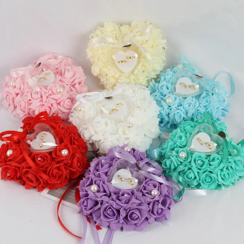 Weeding Couple Rings Holder Sweet Valentine Day Gift Heart Shape Ring Pillow Cushion Simulation Rose Flowers Jewelry Case